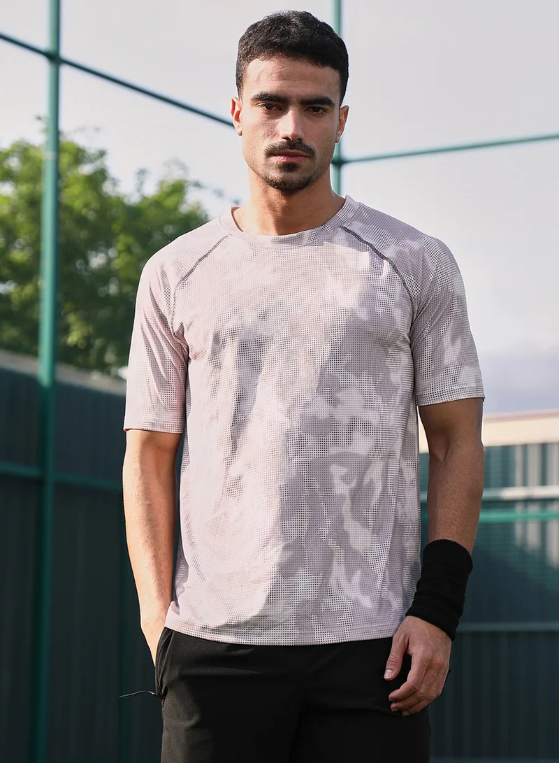 Campus Sutra Campus Sutra Men's Cream White & Slate Blue Abstract Topography Activewear T-Shirt For Casual Wear | V-Neck | Short Sleeves | Jersey T-Shirt Crafted With Comfort Fit For Everyday Wear