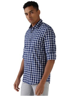Peter England Peter England Men's Checkered Slim Fit Shirt (PCSFSSLPA89128_Navy  - Image 2