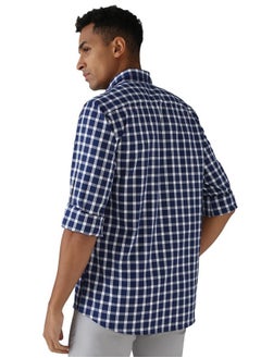 Peter England Peter England Men's Checkered Slim Fit Shirt (PCSFSSLPA89128_Navy  - Image 3