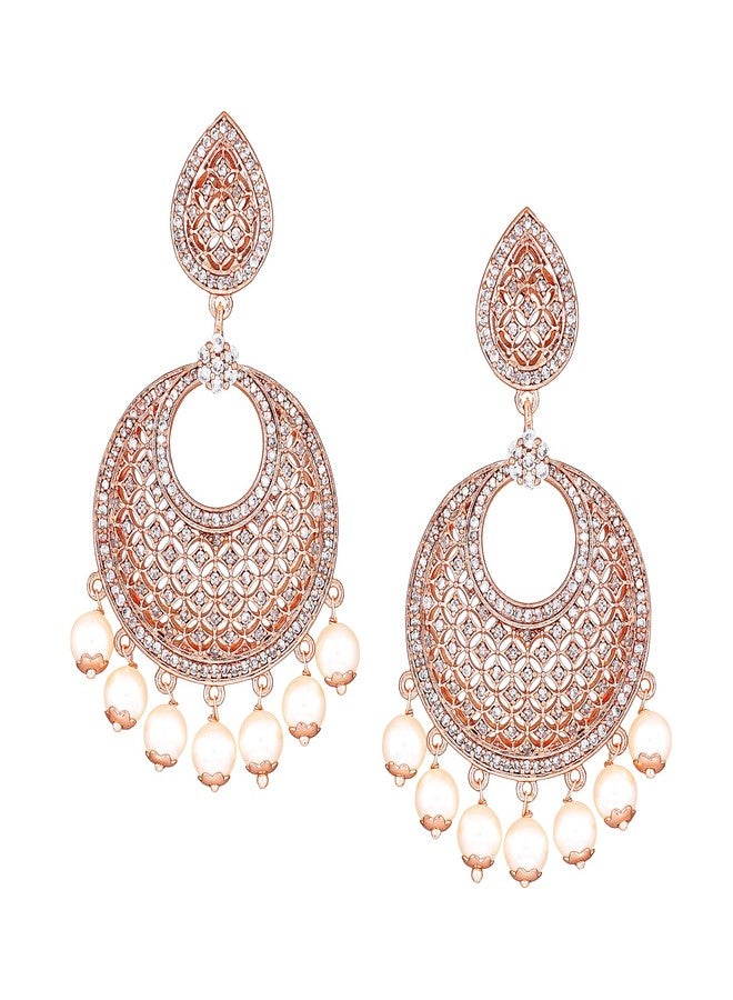 Estele Women's 24K Rose Gold Plated American Diamond Brass Metal Mesh Drop Earring - Image 1