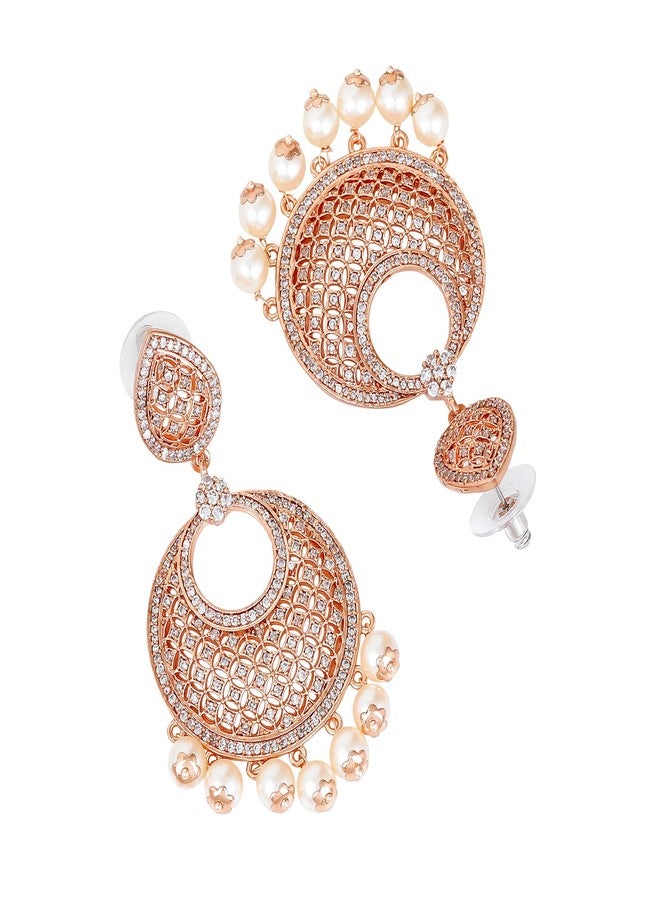 Estele Women's 24K Rose Gold Plated American Diamond Brass Metal Mesh Drop Earring - Image 2