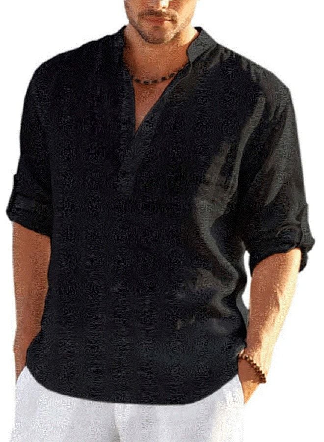 NIBEMINENT Men's Long Sleeve Loose Solid Color Linen Shirt Black 