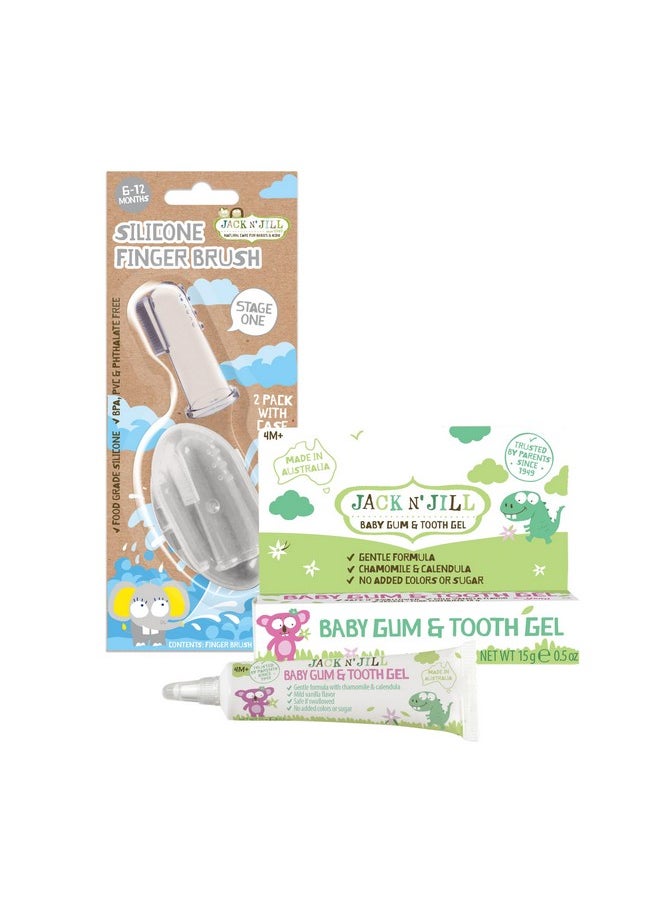 Jack N' Jill - Natural Gum And Teething Relief Gel Plus Silicone Finger Toothbrush Bundle - Baby Toothbrush 6 To 12 Months And Baby Gum And Tooth Gel Bundle, Two Brushes Plus Case, 0.5 Fl Oz - Image 1