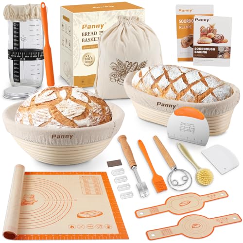 Panny Sourdough Starter Kit, Banneton Bread Proofing Basket with Glass Sour Dough Starter Jar, Sourdough Bread Baking Supplies, Making Tools, 9" Round & 10" Oval Baskets, Christmas Gift for Men Women - Image 1