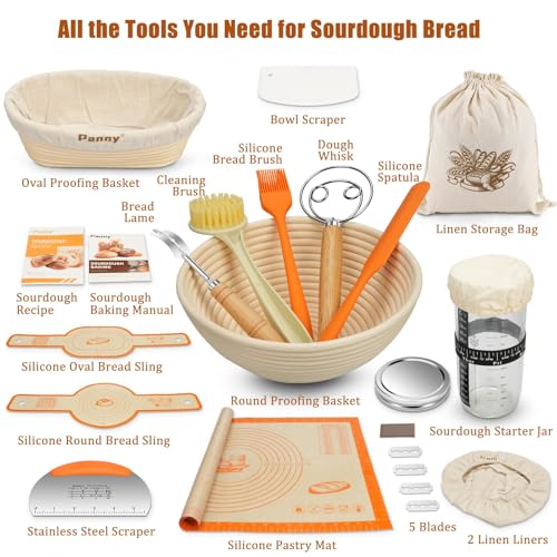 Panny Sourdough Starter Kit, Banneton Bread Proofing Basket with Glass Sour Dough Starter Jar, Sourdough Bread Baking Supplies, Making Tools, 9" Round & 10" Oval Baskets, Christmas Gift for Men Women - Image 2