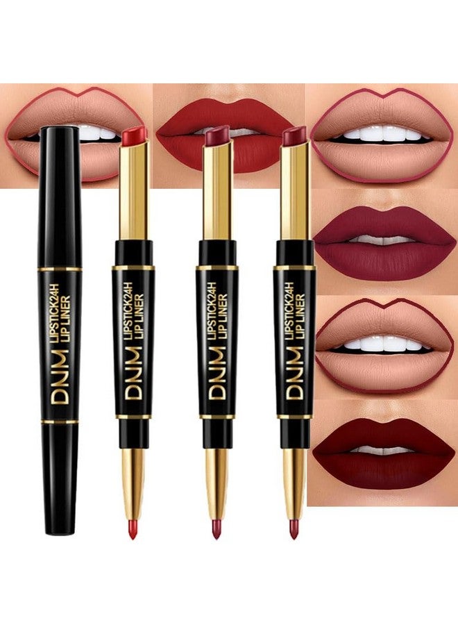 evpct 3Pcs Dark Ruby Wine Red Lip Liner And Lipstick Set Kit For Women Dnm Matte Matt 24 Hour Lipstick And With Lip Liner Pencil Set Waterproof Long Lasting 24 Labial Labiales Mate 24 Horas Originales - Image 1