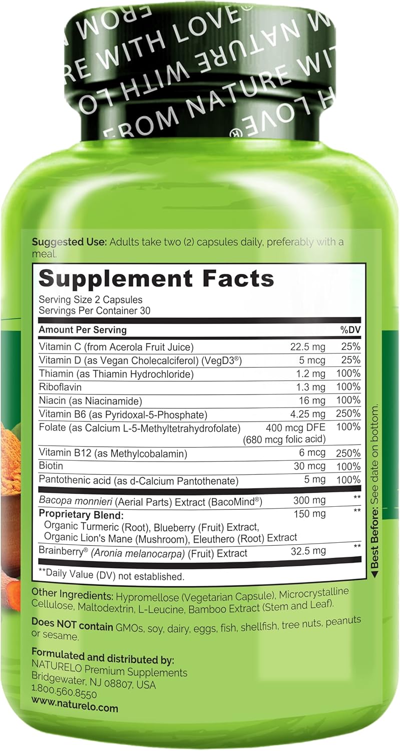 NATURELO Whole Food Brain Supplement  Brain Health Supplements for Memory  Focus Support  Enhance Brain Health Blend Supplement for Adults  60 Vegetarian Capsules - Image 3