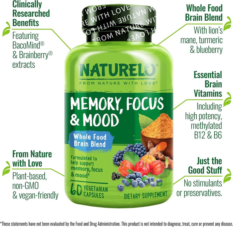 NATURELO Whole Food Brain Supplement  Brain Health Supplements for Memory  Focus Support  Enhance Brain Health Blend Supplement for Adults  60 Vegetarian Capsules - Image 4