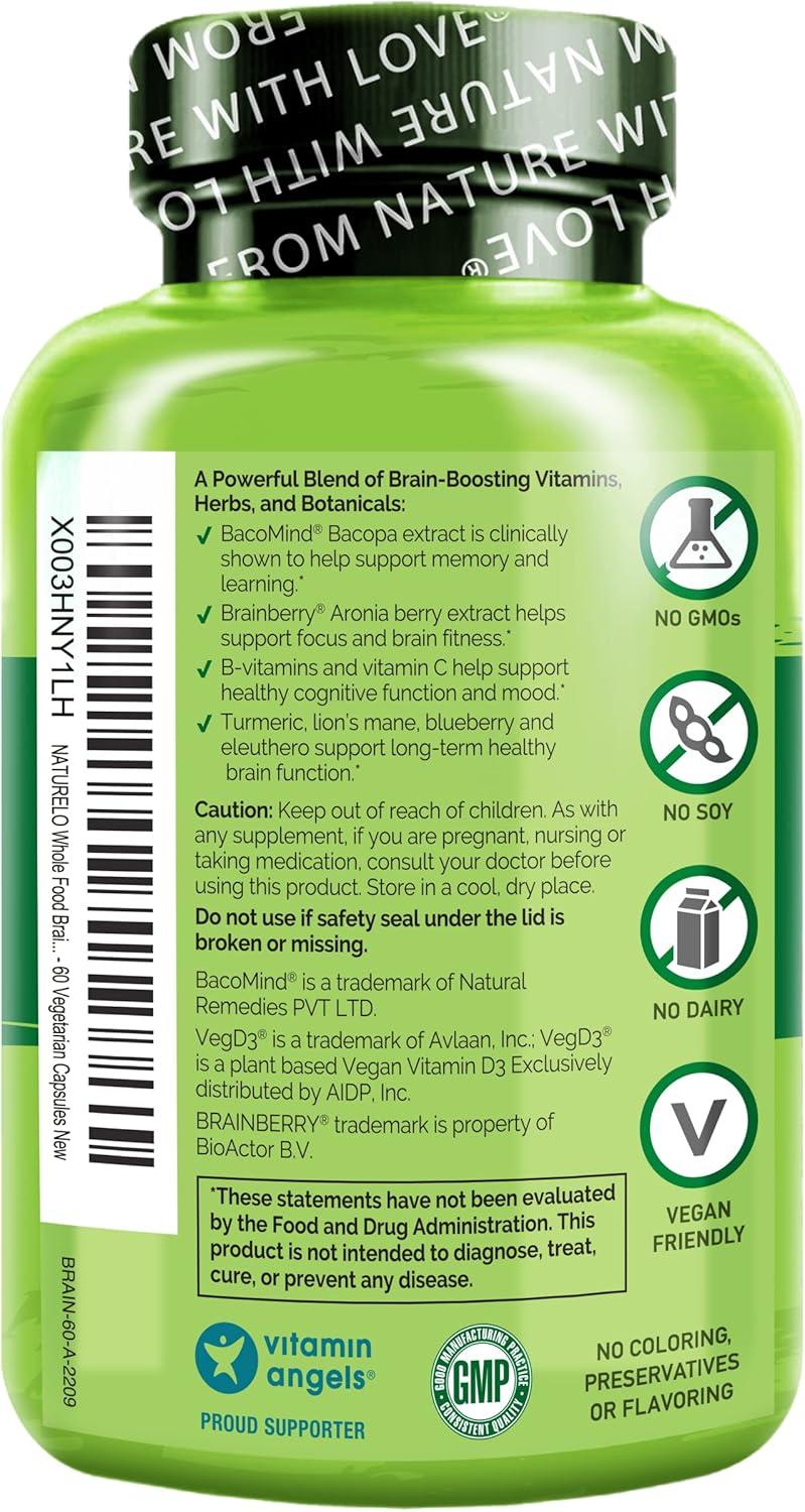 NATURELO Whole Food Brain Supplement  Brain Health Supplements for Memory  Focus Support  Enhance Brain Health Blend Supplement for Adults  60 Vegetarian Capsules - Image 2