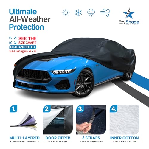 EzyShade غطاء سيارة رياضي مقاوم للماء ب10 طبقات من EzyShade. راجع جدول حجم السيارة للحصول على ملاءمة دقيقة. أغطية خارجية لجميع الأحوال الجوية. تشالنجر تشارجر مونتي كارلو. شمس ثلج مطر. أسود، حجم C6 (راجع جدول الأحجام) - Image 2