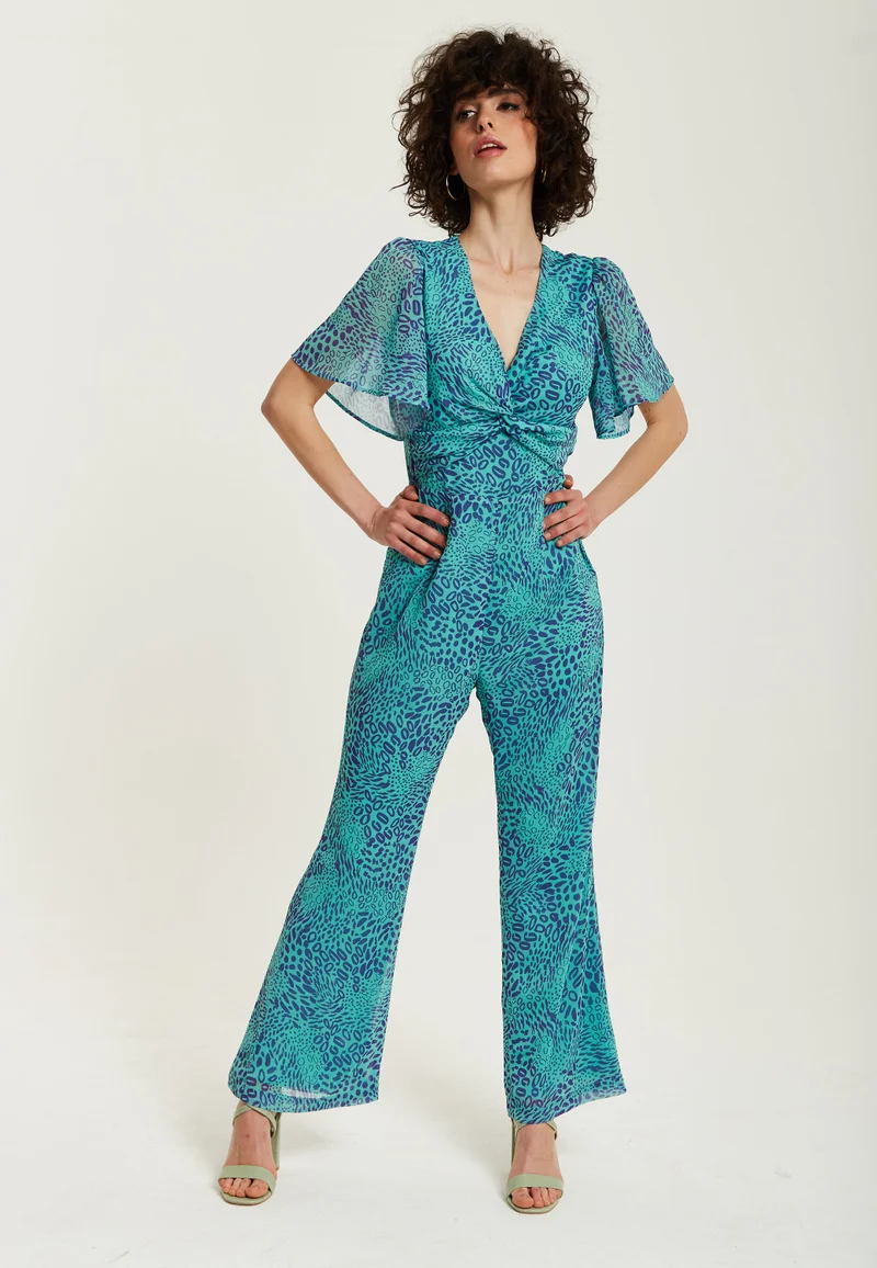 Liquorish  Blue Animal Print Knot Front Jumpsuit for Women | Best Price UAE