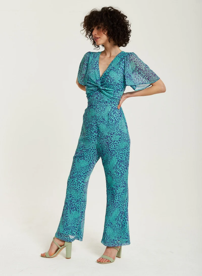Liquorish  Blue Animal Print Knot Front Jumpsuit for Women | Best Price UAE