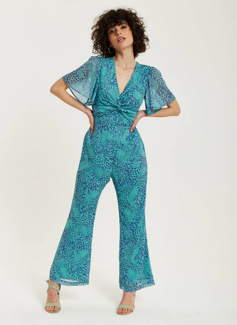 Liquorish  Blue Animal Print Knot Front Jumpsuit for Women | Best Price UAE