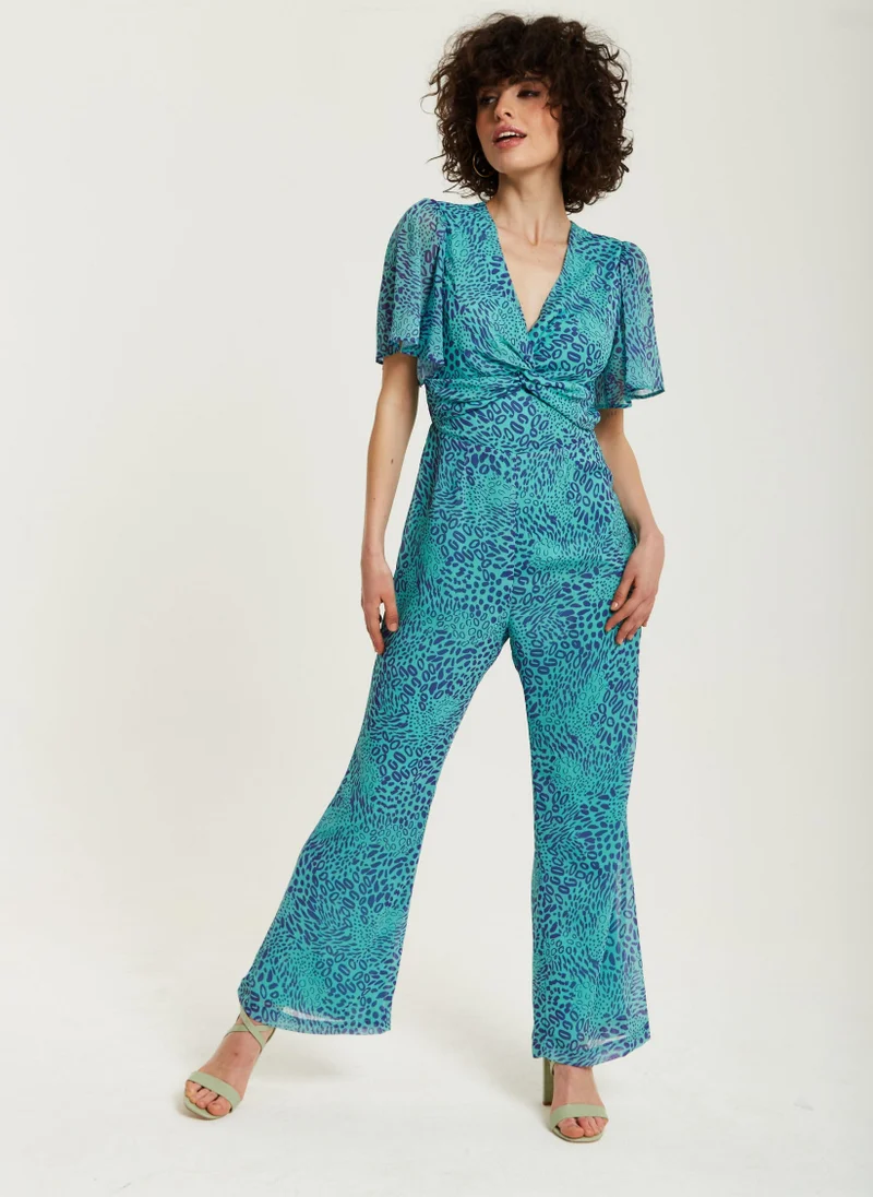 Liquorish  Blue Animal Print Knot Front Jumpsuit for Women | Best Price UAE