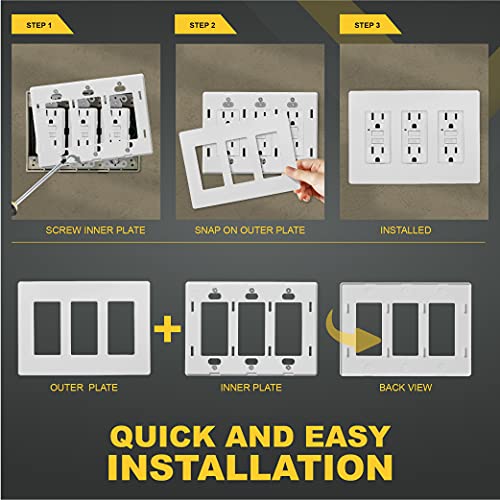 Faith Electric 3-Gang Decorator Screwless Wall Plate Child Safe Outlet Covers, 4.68" H x 6.6" L, Fits GFCI, USB Receptacles, Dimmers, and Lighting Controls, ETL Listed, White - Image 2