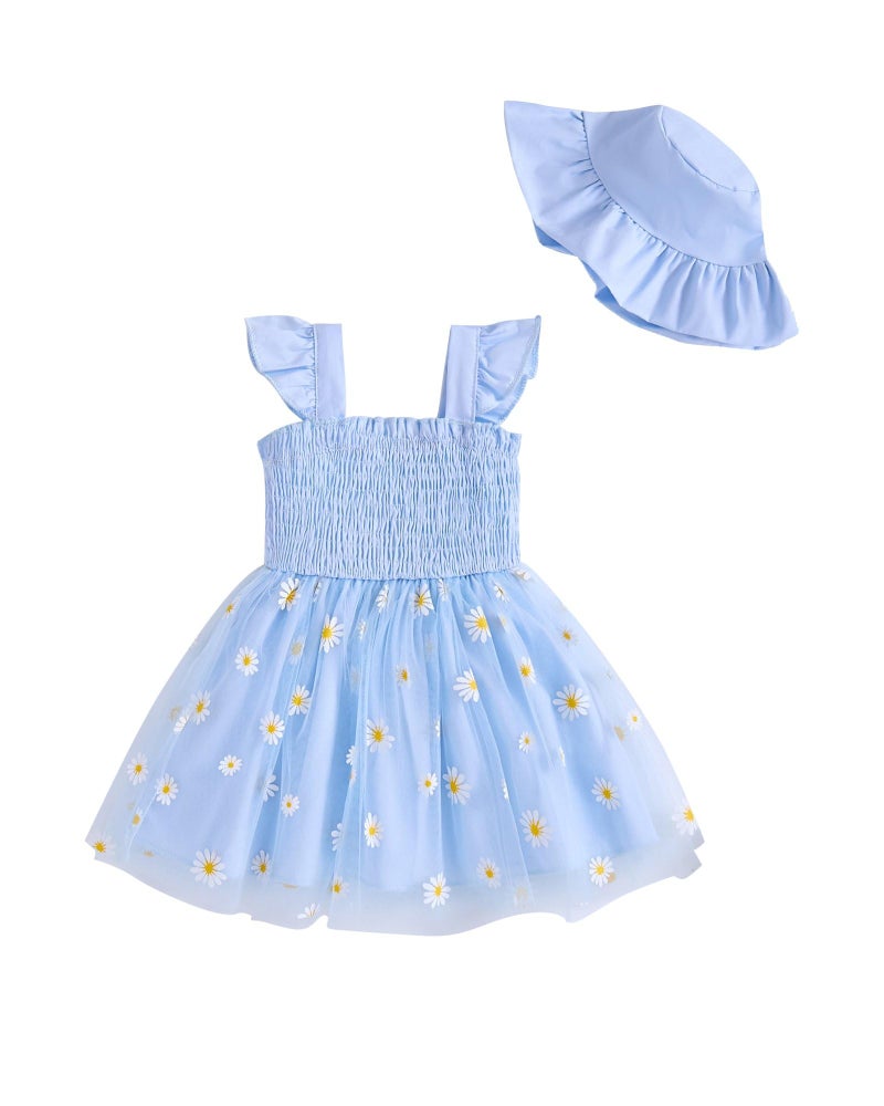 Saeaby Infant Baby Dress 6 9 Month Girl Clothes Halter Blue Fairy Tulle Party Birthday Dresses Boho Daisy Smocked Beach Sundress Outfit 6-12 Months - Image 1