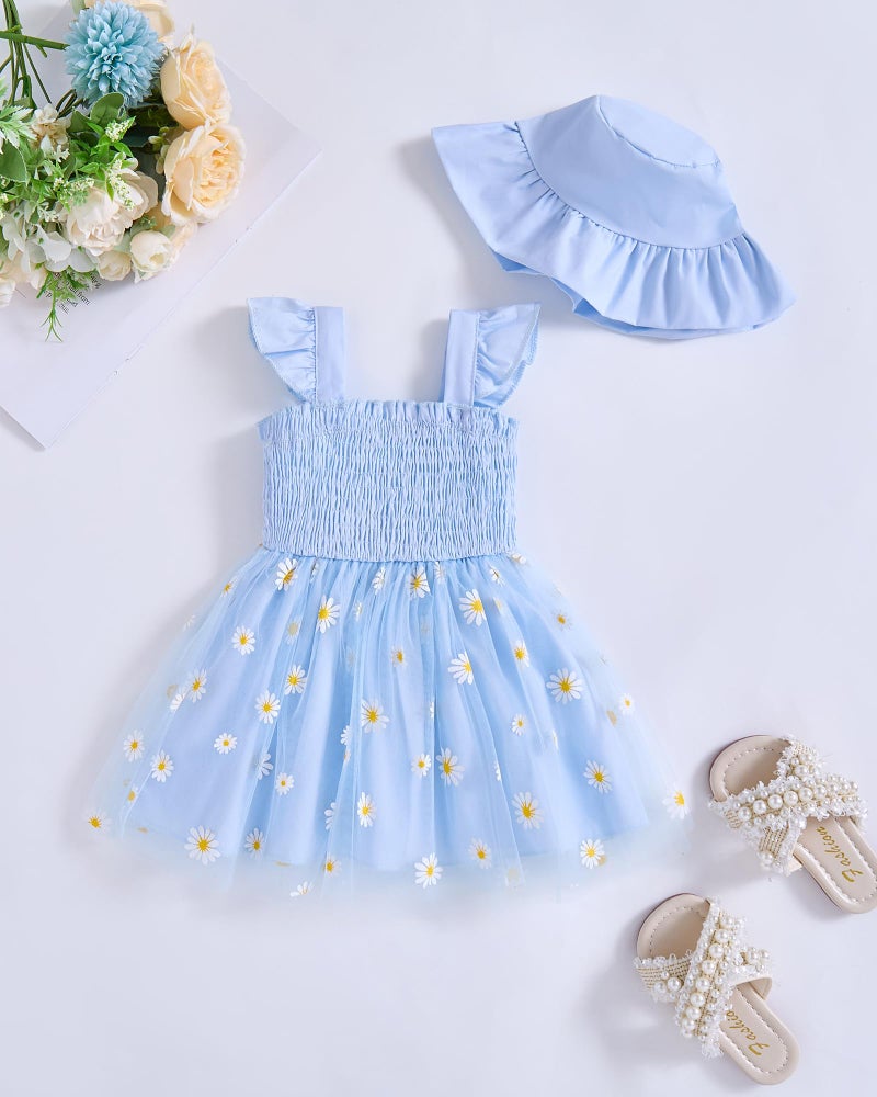 Saeaby Infant Baby Dress 6 9 Month Girl Clothes Halter Blue Fairy Tulle Party Birthday Dresses Boho Daisy Smocked Beach Sundress Outfit 6-12 Months - Image 3