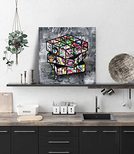 SIXTTART Banksy Canvas Wall-Art for Bedroom - Street Graffiti Wall Art Abstract Painting Pop Art Wall Decor Modern Home Office Decor 14" W x14 H Stretched and Framed Ready to Hang - Image 3