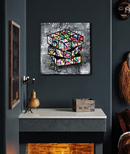 SIXTTART Banksy Canvas Wall-Art for Bedroom - Street Graffiti Wall Art Abstract Painting Pop Art Wall Decor Modern Home Office Decor 14" W x14 H Stretched and Framed Ready to Hang - Image 2