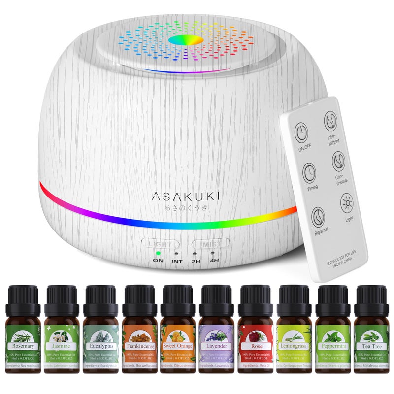 ASAKUKI موزع زيت عطري أساسي من ASAKUKI مع مجموعة 10 زيوت وجهاز تحكم عن بعد، 5 في 1 مرطب بخاري بالألتراساوند، جهاز عطرية، مؤقت ومفتاح أمان للإيقاف التلقائي - أبيض - Image 1