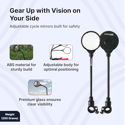 STRAUSS Cycle Side Mirror | CycleMirror Set of 2 | Cycling Accessories For Men | Shape Adjustable ABS Material | Bicycle Rear View, Adjustable 360° Handlebar Convex Mirror | HD View - Image 3