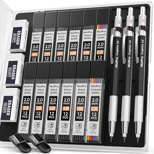 Nicpro 2mm Metal Mechanical Pencil Set with Case 3PCS Lead Pencil Holder 20 mm with 144PCS Lead Refills 4H 2H HB 2B 4B 6B Color Eraser Sharpener for Drafting Writing Drawing Sketching - Image 1