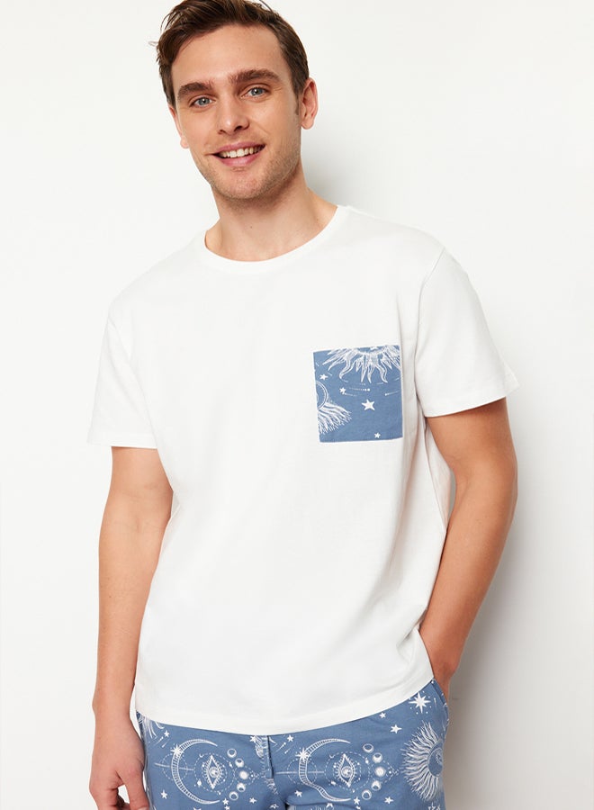 trendyol Ecru Blue Printed Regular Fit Couple/Pair Knitted Shorts Pajama Set - Image 4