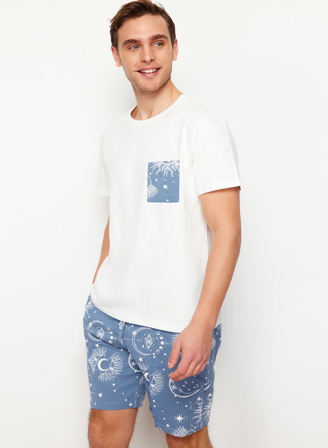 trendyol Ecru Blue Printed Regular Fit Couple/Pair Knitted Shorts Pajama Set - Image 2
