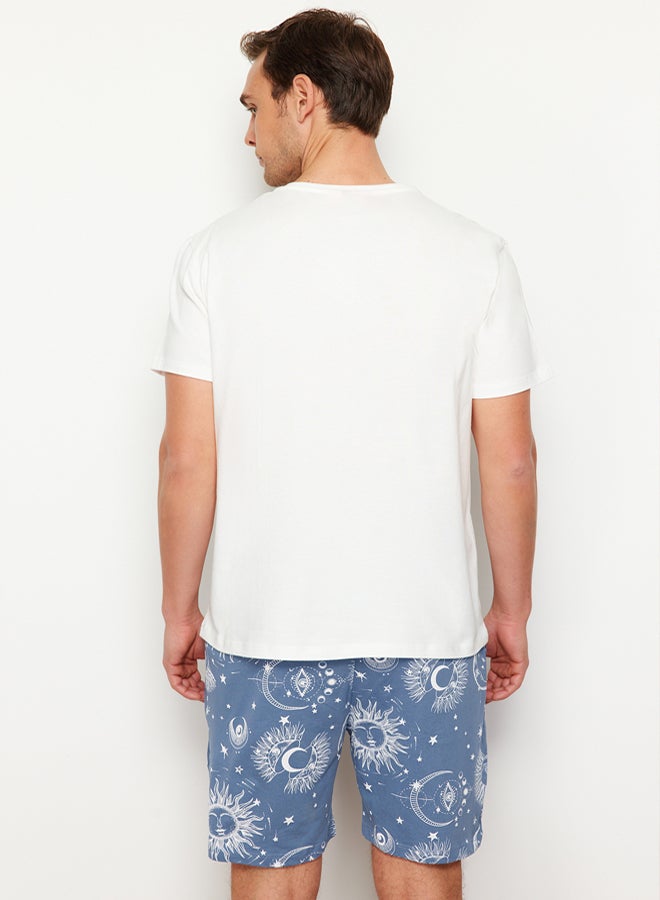 trendyol Ecru Blue Printed Regular Fit Couple/Pair Knitted Shorts Pajama Set - Image 5