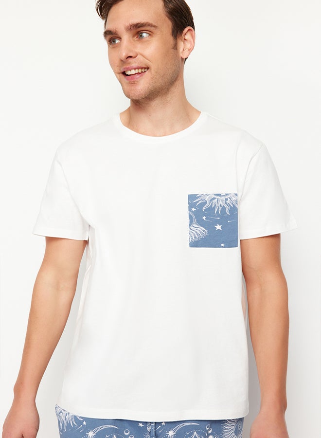 trendyol Ecru Blue Printed Regular Fit Couple/Pair Knitted Shorts Pajama Set - Image 3