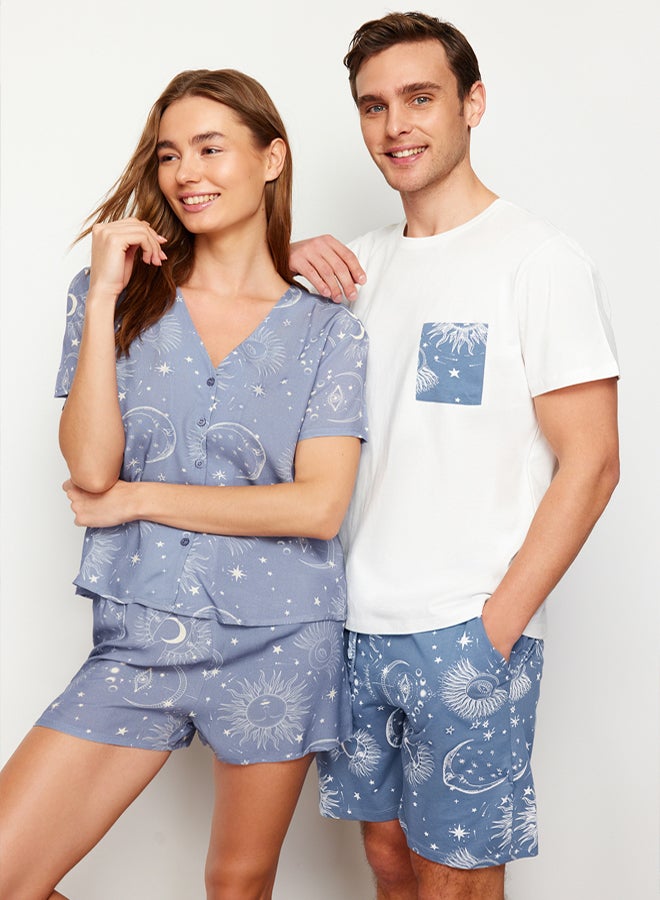 trendyol Ecru Blue Printed Regular Fit Couple/Pair Knitted Shorts Pajama Set - Image 1