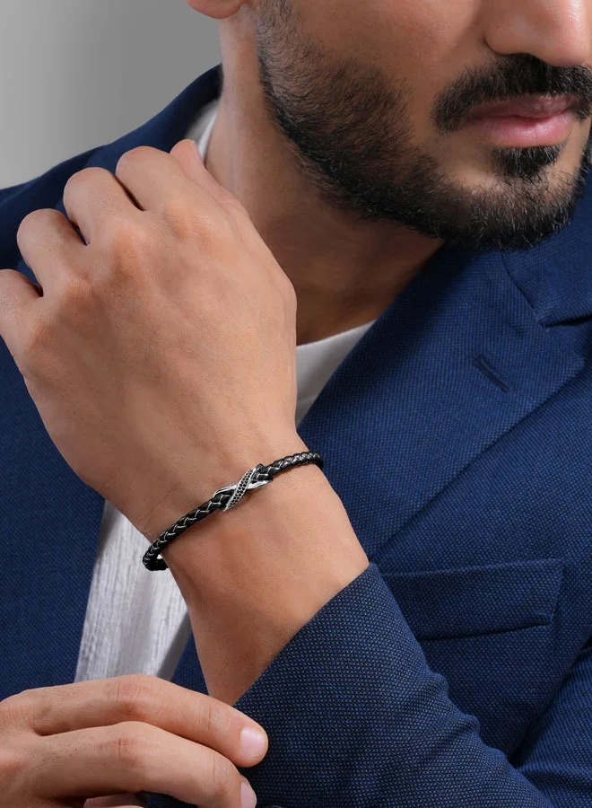 CERRUTI 1881 Franco Silver and Black Leather Bracelet