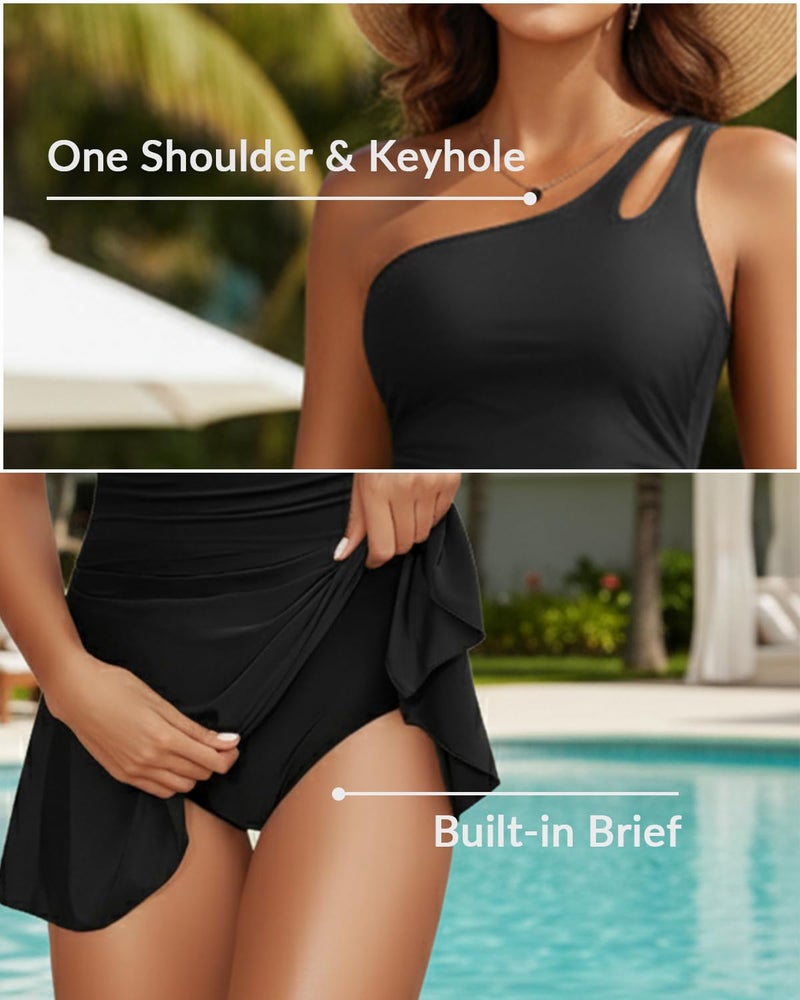 Yonique One Piece Tummy Control Swimdress - Women One Shoulder Bathing Suit with Skirt 2025 Modest Skirted Swim Dress Swimsuit Black L - Image 4