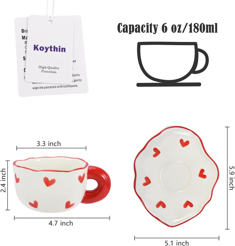 Koythin Ceramic Coffee Mug Saucer Set Cute Creative Cup with Heart Pattern Saucer Design for Office and Home Dishwasher and Microwave Safe 6 oz180 ml for Latte Tea Milk Red Heart - Image 2