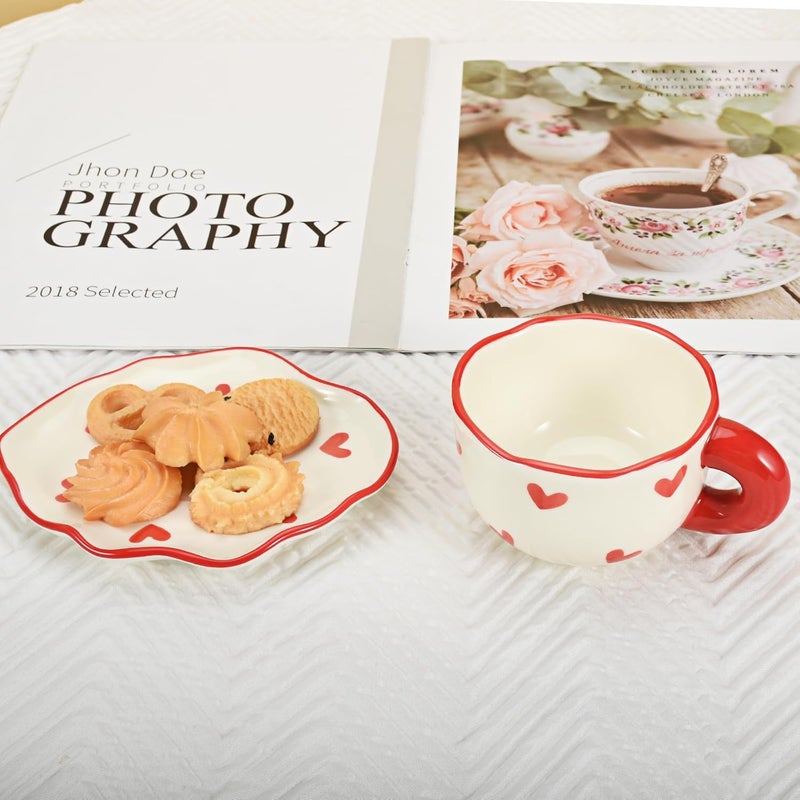 Koythin Ceramic Coffee Mug Saucer Set Cute Creative Cup with Heart Pattern Saucer Design for Office and Home Dishwasher and Microwave Safe 6 oz180 ml for Latte Tea Milk Red Heart - Image 3