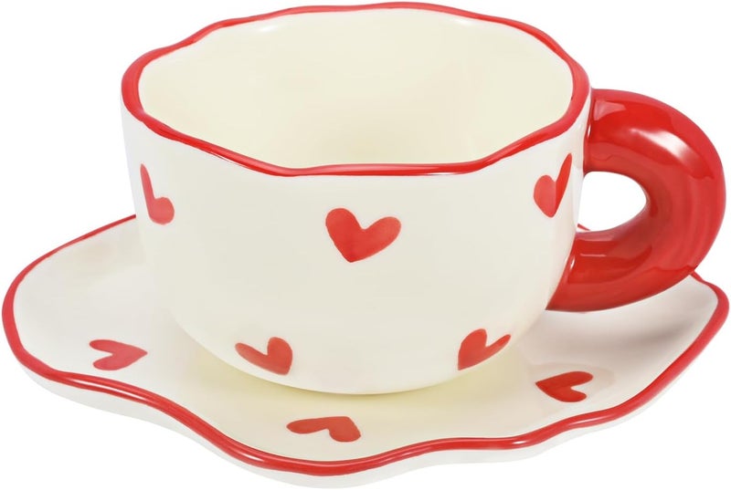 Koythin Ceramic Coffee Mug Saucer Set Cute Creative Cup with Heart Pattern Saucer Design for Office and Home Dishwasher and Microwave Safe 6 oz180 ml for Latte Tea Milk Red Heart - Image 1