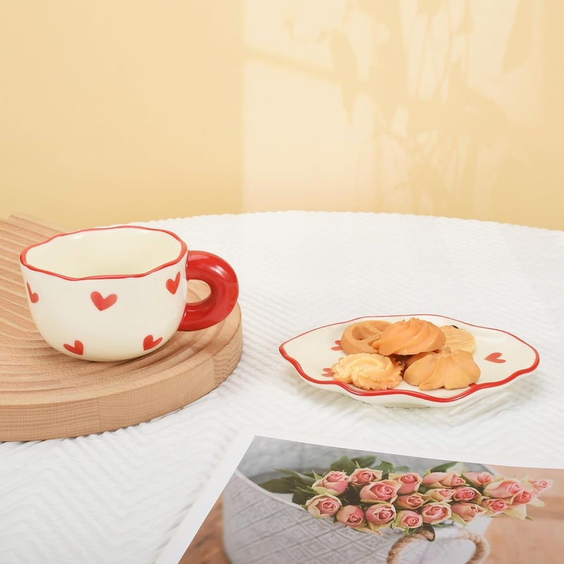Koythin Ceramic Coffee Mug Saucer Set Cute Creative Cup with Heart Pattern Saucer Design for Office and Home Dishwasher and Microwave Safe 6 oz180 ml for Latte Tea Milk Red Heart - Image 5