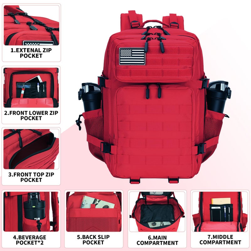 Lovelinks21 45L Tactical Assault Backpack 3 day assault pack with Molle Waterproof backpack Rucksack for Tactical Backpacks (Red) - Image 2