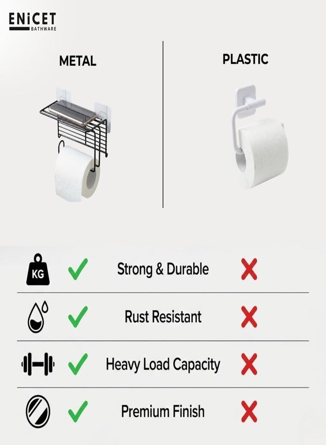ENICET Toilet Paper Roll Holder | with Mobile Stand | Self Adhesive | No Drill | Heavy Duty Metal Build | Tissue Holder for Bathroom - Toilet Paper Stand - Image 3