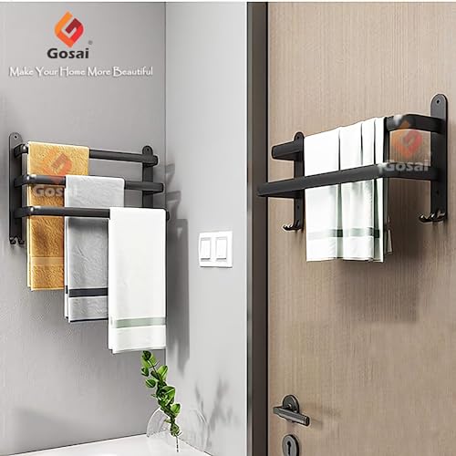 GOSAI Self Adhesive Towel Holder Bathroom Accessories Stainless Steel 2 Layer Towel Rack | Bathroom Organizer Without Drill | Towel Rail Towel Hanger for Kitchen Towel Stand with Hook (Black,16 inch) - Image 5