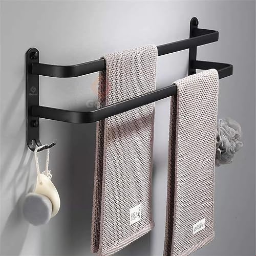 GOSAI Self Adhesive Towel Holder Bathroom Accessories Stainless Steel 2 Layer Towel Rack | Bathroom Organizer Without Drill | Towel Rail Towel Hanger for Kitchen Towel Stand with Hook (Black,16 inch) - Image 1