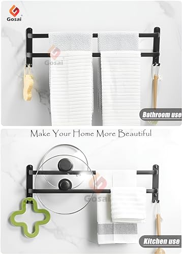 GOSAI Self Adhesive Towel Holder Bathroom Accessories Stainless Steel 2 Layer Towel Rack | Bathroom Organizer Without Drill | Towel Rail Towel Hanger for Kitchen Towel Stand with Hook (Black,16 inch) - Image 3