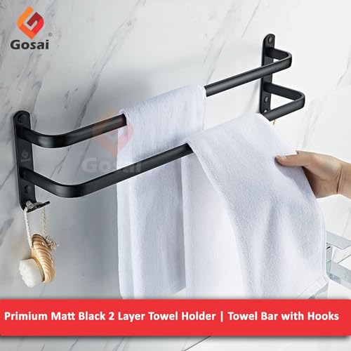 GOSAI Self Adhesive Towel Holder Bathroom Accessories Stainless Steel 2 Layer Towel Rack | Bathroom Organizer Without Drill | Towel Rail Towel Hanger for Kitchen Towel Stand with Hook (Black,16 inch) - Image 2