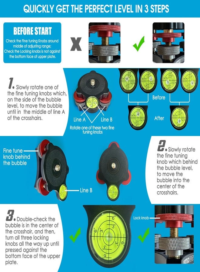 VERTECFOTO 【Upgraded+】 Tripod Leveling Base :Support 1/4" and 3/8" Both on top and Bottom， Bigger Bubble Level w/Crosshair, Fine Leveling Faster; Enlarged Lock knobs, Lock Easier,; Max Load 33 Ib - Image 3