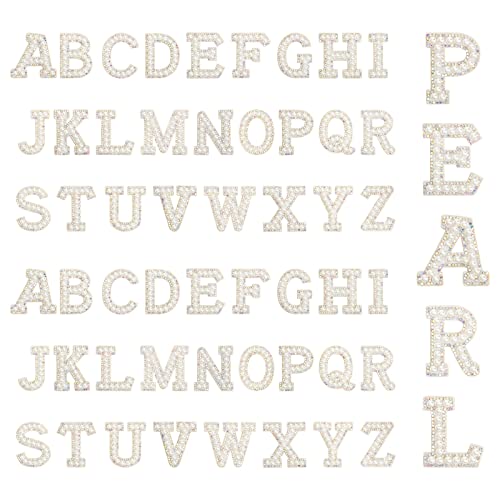 Anglekai 52 Pcs Pearl Iron On Letters, AngleKai White Pearl Rhinestone Letters Patches A-Z English Pearl Iron on Letter Patches Alphabet Glitter Applique Pearl Letter Patch for Craft DIY Hats Clothing(White) - Image 1