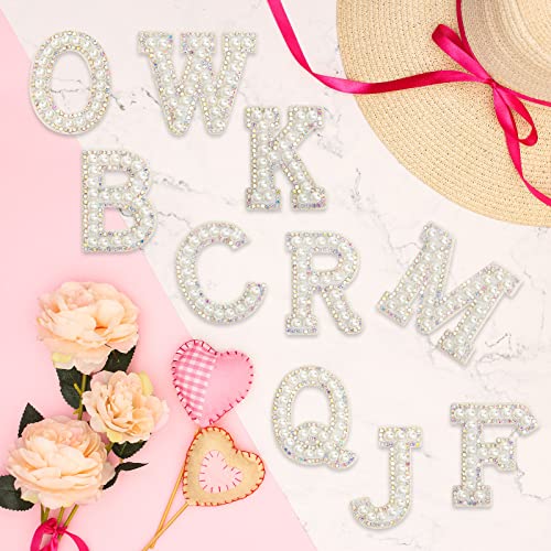 Anglekai 52 Pcs Pearl Iron On Letters, AngleKai White Pearl Rhinestone Letters Patches A-Z English Pearl Iron on Letter Patches Alphabet Glitter Applique Pearl Letter Patch for Craft DIY Hats Clothing(White) - Image 4