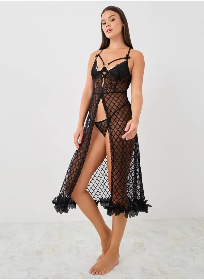 ستايلي Styli Patterned Mesh Apex Strap Front Slit Babydoll with Briefs