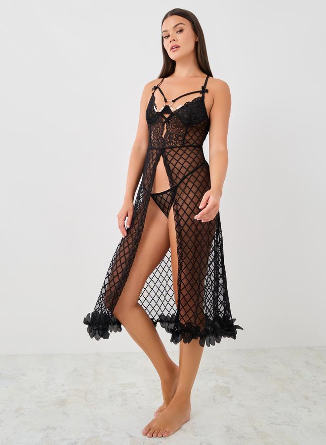 Styli Patterned Mesh Apex Strap Front Slit Babydoll with Briefs - Image 1