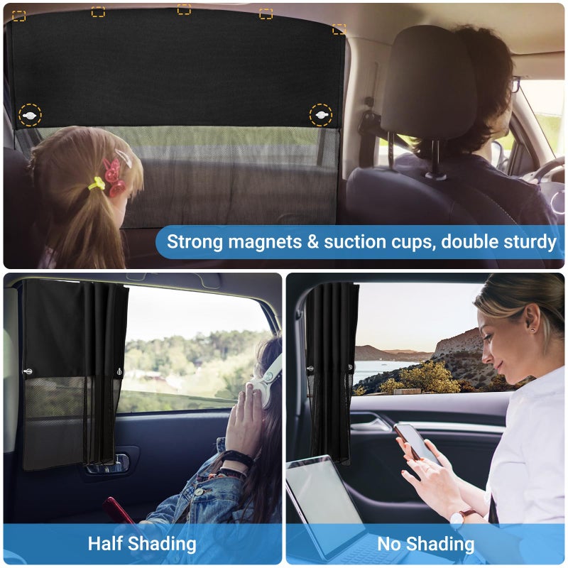 DIZA100 Car Window Shades, 2 Pcs Half Blackout & Half See-Through Magnetic Sun Shade for Rear Window Covers with Fixed Suction Cups,Car Curtains for Baby Sun/Heat/UV Protection - Image 5