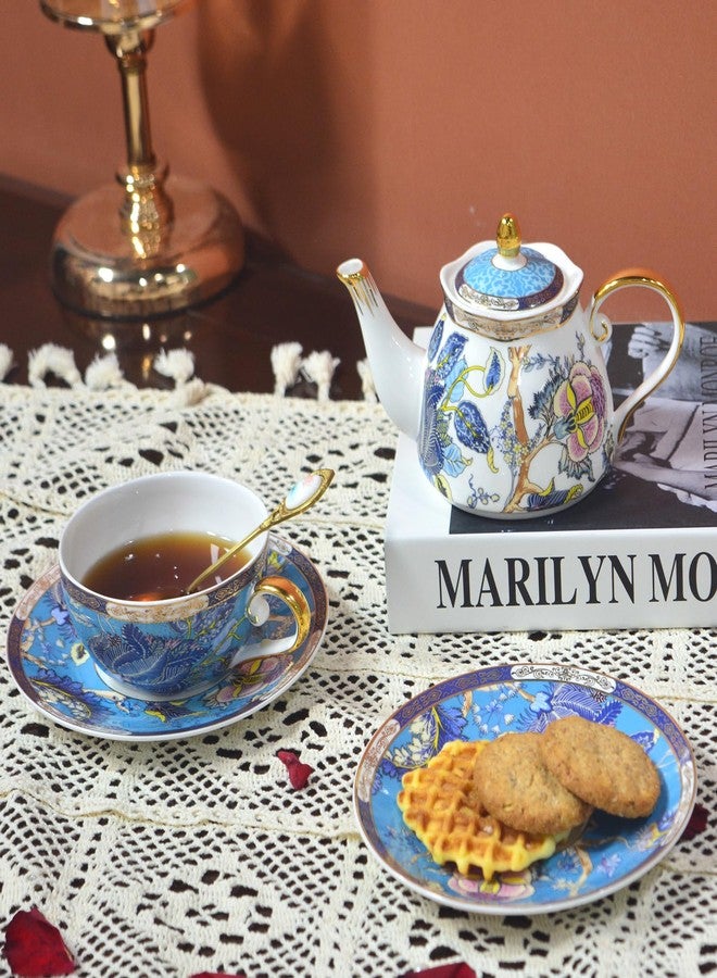 ACMLIFE Tea for One Teapot and Cup Set, Bone China Tea Set for One, Tea Gift Sets for Women, Blue Vintage Floral Teapot and Saucer Set, Gold Floral Ceramic Teapot, Tea Cup with Saucer Set (Blue) - Image 4